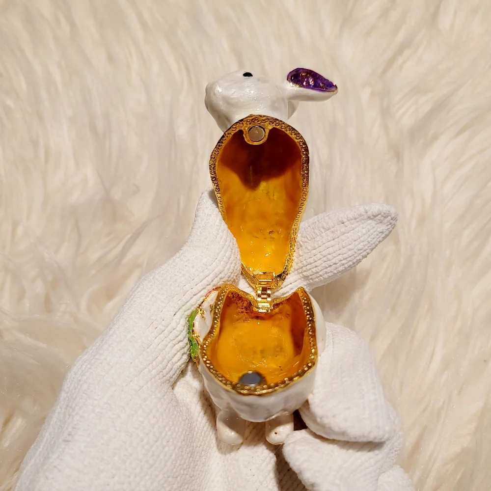 Bejeweled White Bunny Rabbit Hinged Metal Enameled Trinket Box - New